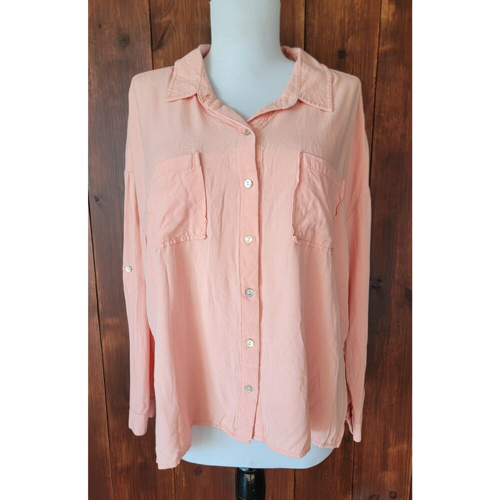 Dear John W Small Soft Pink Button Up Shirt Rayon Chest Pockets Roll Tab Sleeve